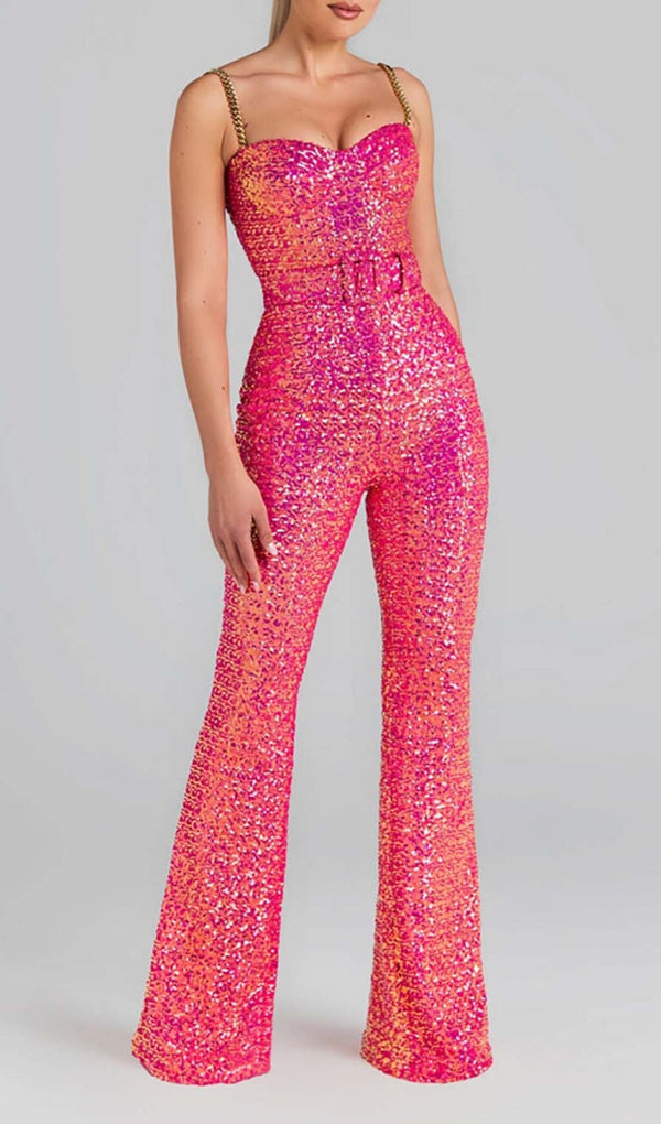 GLITTER FLARED TROUSER JUMPSUIT IN PINK-Fashionslee
