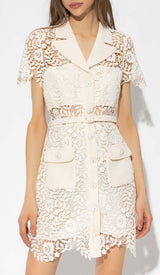 GUIPURE LACE FLAP POCKETS JACKET DRESS IN WHITE-Fashionslee