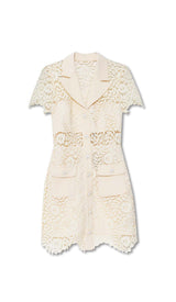 GUIPURE LACE FLAP POCKETS JACKET DRESS IN WHITE-Fashionslee