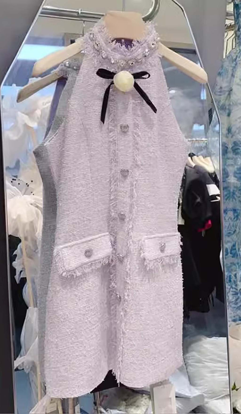 HALTER BOW NECK TWEED MINI DRESS IN LILAC-Fashionslee