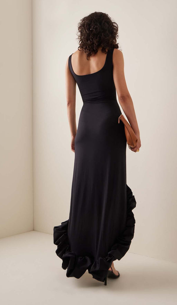 HIGH-LOW HEMLINE DRESS IN BLACK-Fashionslee