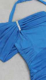 HIGH NECK FRILL MIDI DRESS IN BLUE-Fashionslee