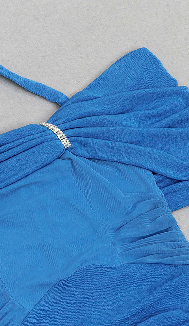 HIGH NECK FRILL MIDI DRESS IN BLUE-Fashionslee