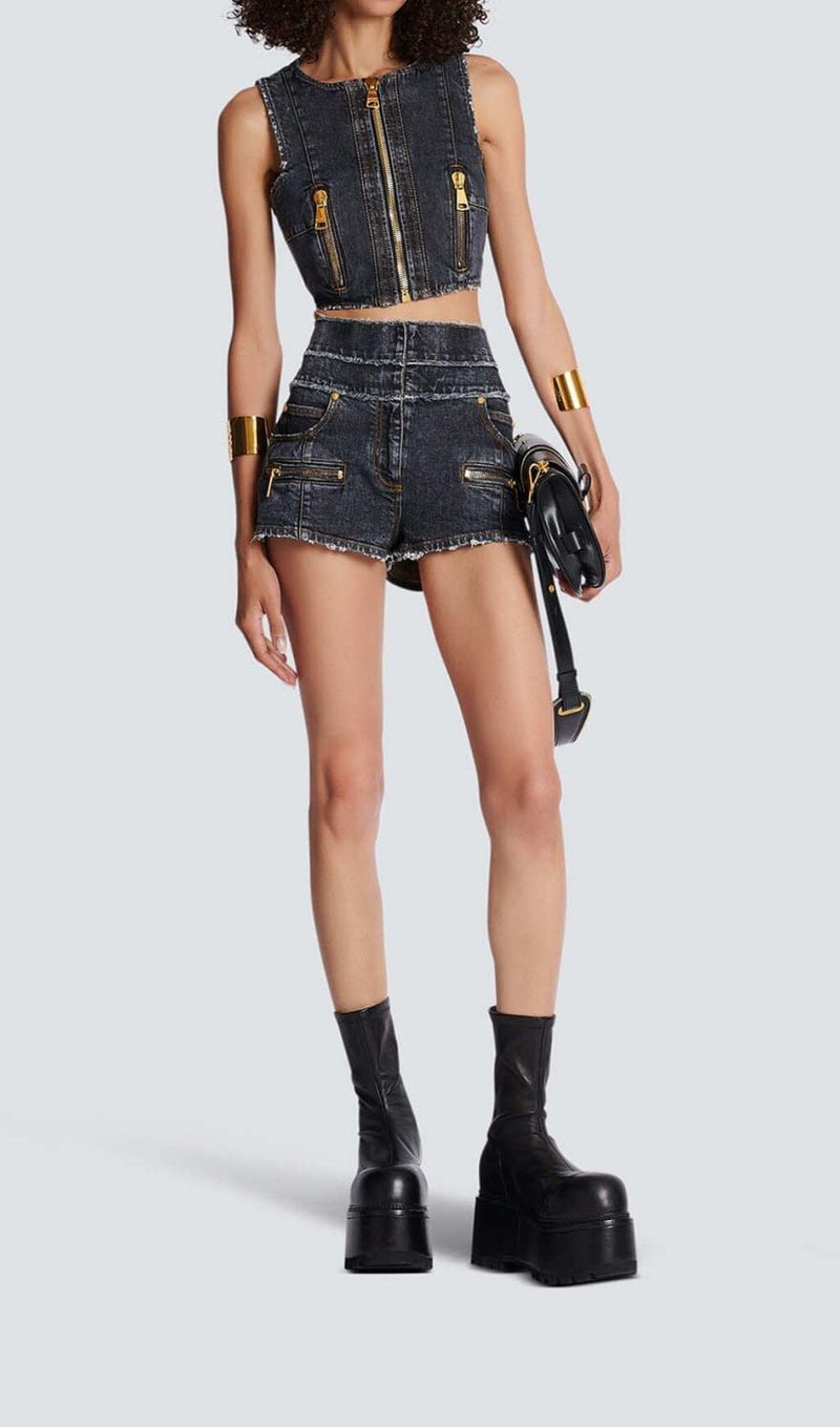 HIGH-WAISTED FADED DENIM TWO PIECES SET-Fashionslee