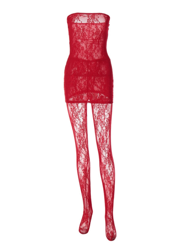 STRAPLESS LACE MINI DRESS IN RED-Fashionslee