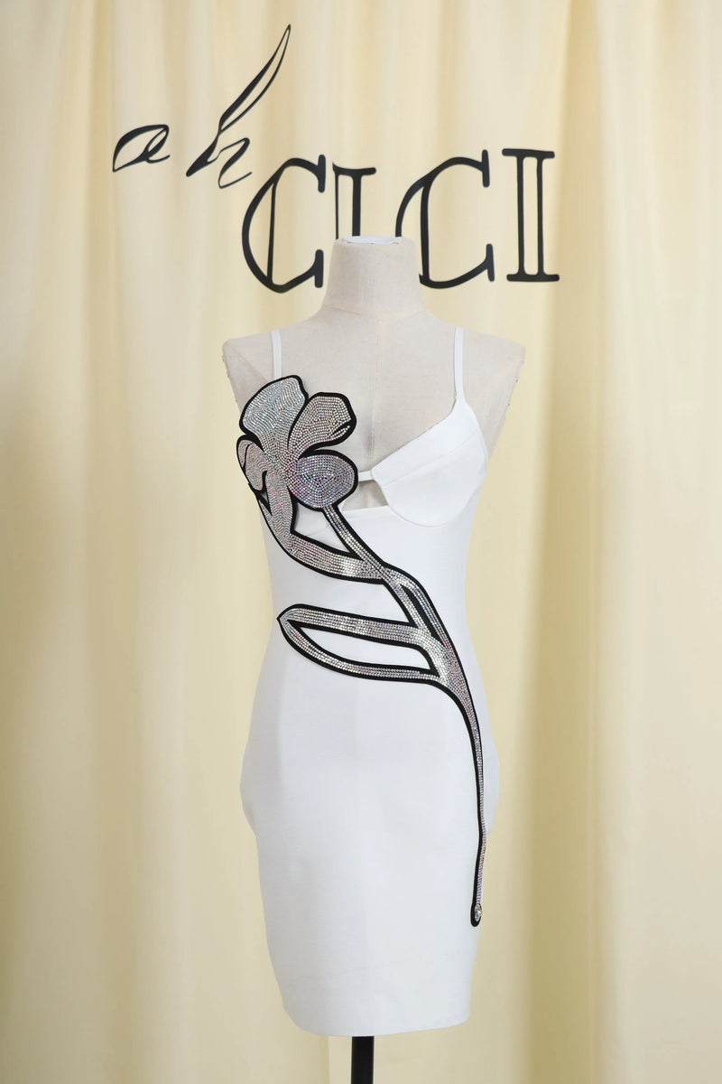CRYSTAL FLOWER BANDAGE MINI DRESS-Fashionslee