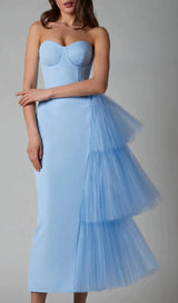MESH STITCHED DRESS IN LIGHT BLUE-Fashionslee