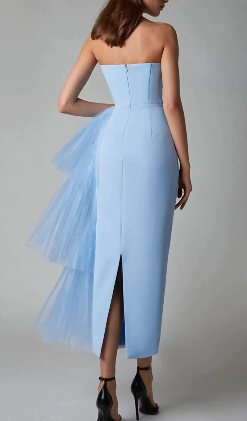 MESH STITCHED DRESS IN LIGHT BLUE-Fashionslee