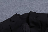 BLACK V-NECK LONG-SLEEVED TEMPERAMENT DRAPE SUIT SKIRT-Fashionslee
