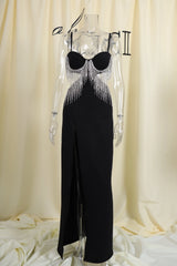 BLACK DIAMOND TASSEL SLIT MAXI DRESS-Fashionslee