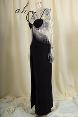 BLACK DIAMOND TASSEL SLIT MAXI DRESS-Fashionslee