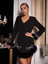 LONG SLEEVE BOW CRYSTAL FEATHER DRESS-Fashionslee