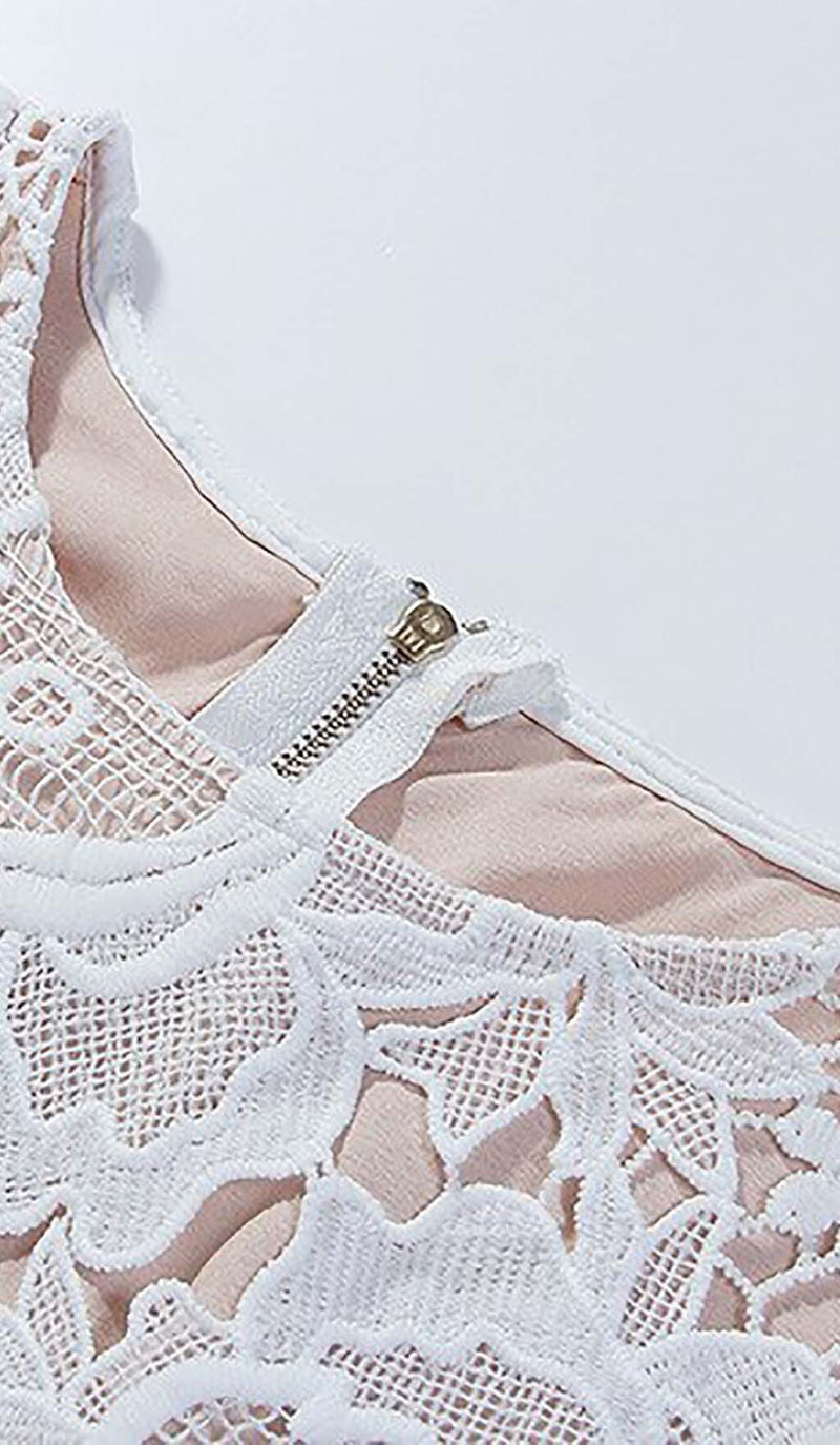 LACE HOLLOW EMBROIDERY A LINE MIDI DRESS IN WHITE-Fashionslee