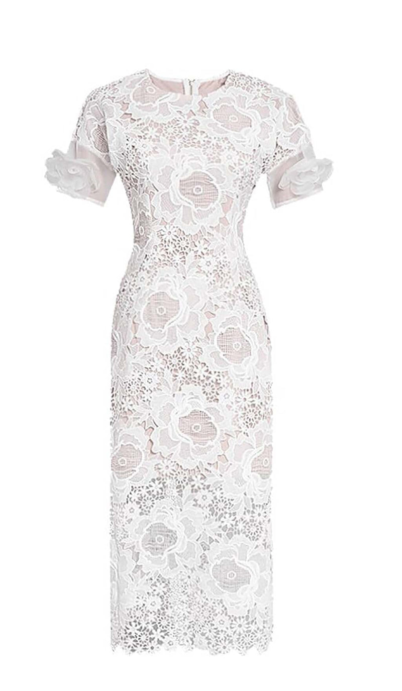LACE HOLLOW EMBROIDERY A LINE MIDI DRESS IN WHITE-Fashionslee