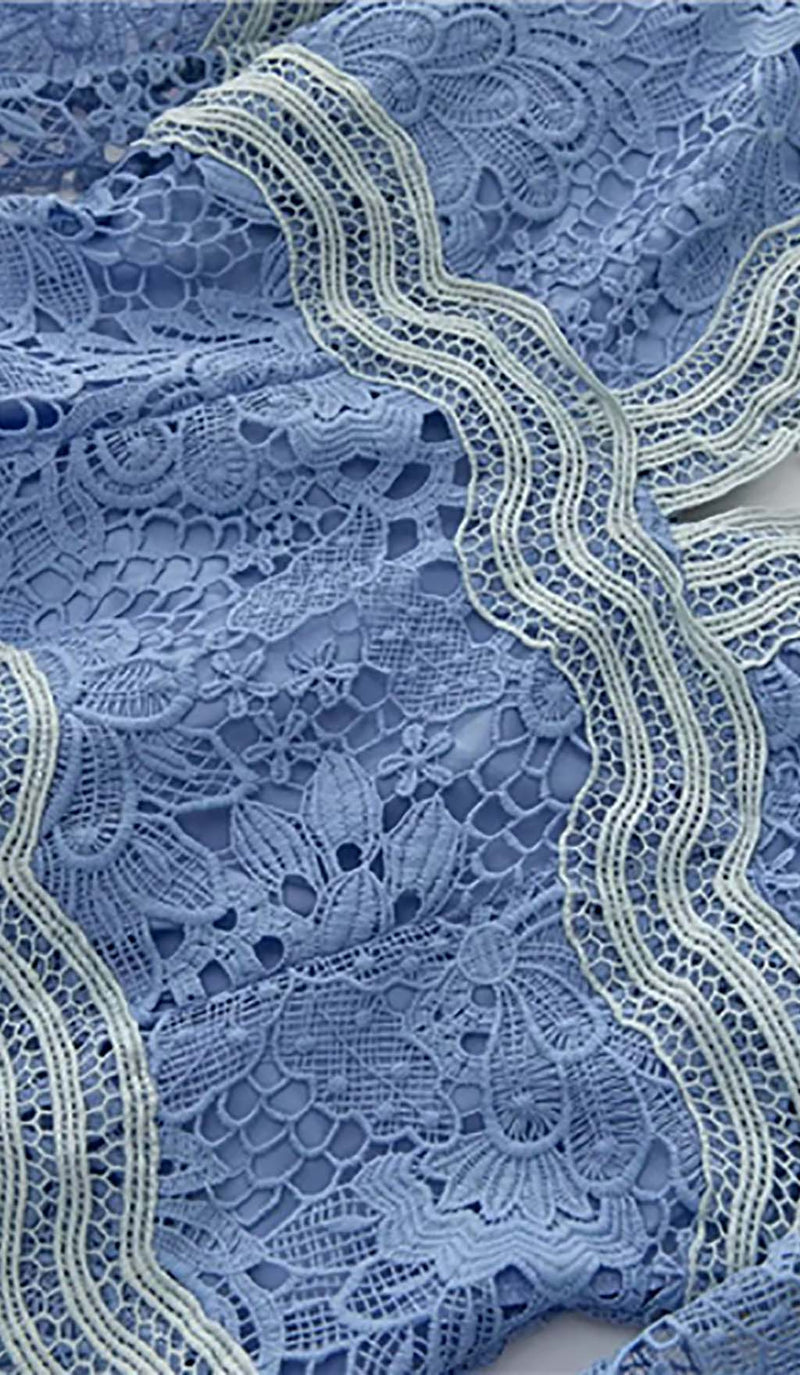 LACE SLEEVE TRIM DETAIL MINI DRESS IN BLUE-Fashionslee