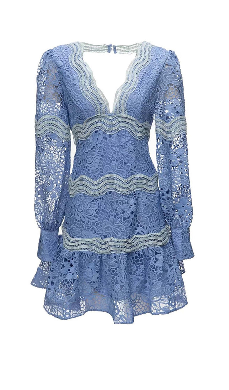 LACE SLEEVE TRIM DETAIL MINI DRESS IN BLUE-Fashionslee