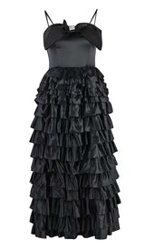 LAYERED BOW-EMBELLISHED MAXI DRESS IN BLACK-Fashionslee
