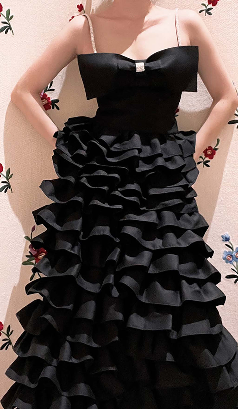 LAYERED BOW-EMBELLISHED MAXI DRESS IN BLACK-Fashionslee