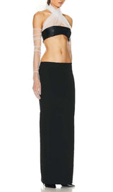 LEATHER BANDEAU CROSSOVER TULLE TWO PIECE IN BLACK-Fashionslee