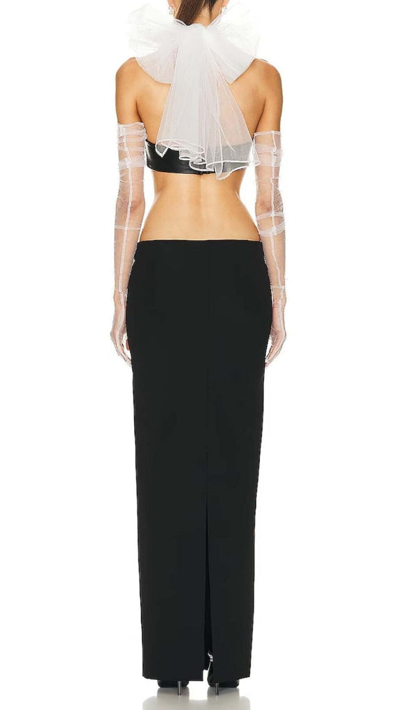 LEATHER BANDEAU CROSSOVER TULLE TWO PIECE IN BLACK-Fashionslee
