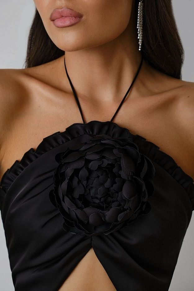 RUFFLE FLOWER-EMBELLISHED MIDI DRESS IN BLACK-Fashionslee