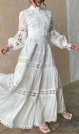 LONG PUFF SLEEVES FLARED TIERED MAXI DRESS IN WHITE-Fashionslee