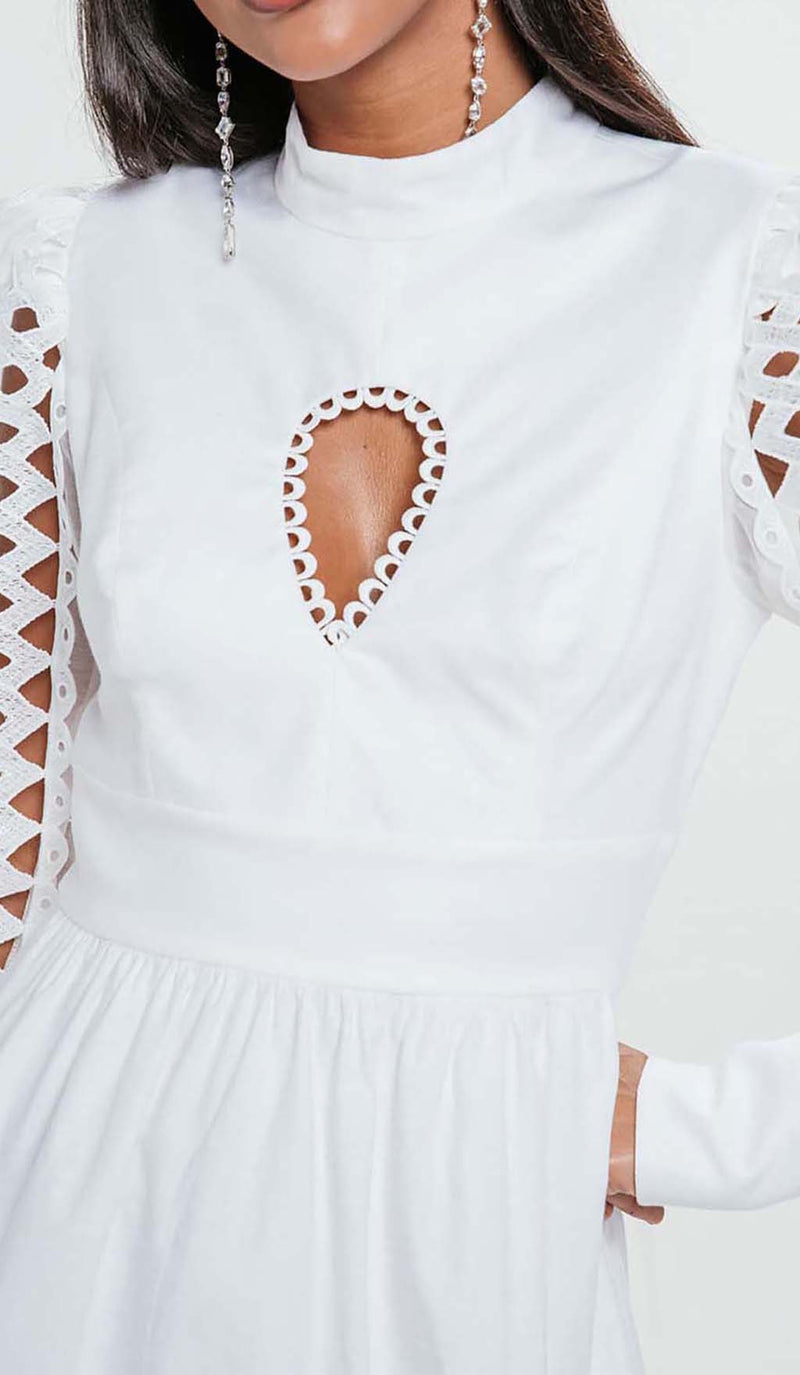 LONG SLEEVE EYELET EMBELLISHMENT MINI DRESS IN WHITE-Fashionslee