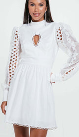 LONG SLEEVE EYELET EMBELLISHMENT MINI DRESS IN WHITE-Fashionslee