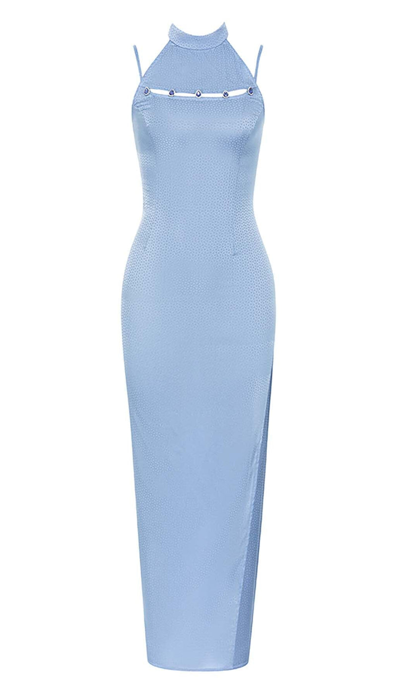 MOCK NECK SLIT MAXI DRESS IN BLUE-Fashionslee