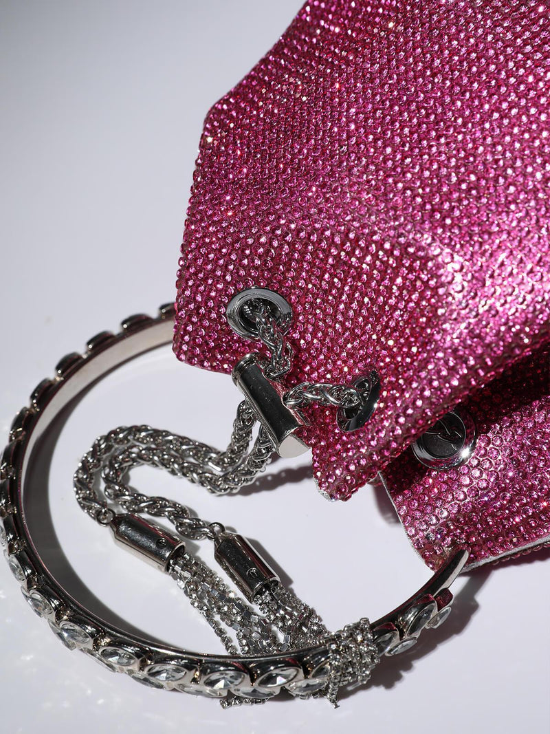 CRYSTAL EMBELLISHED BUCKET BAG IN HOT PINK-Fashionslee