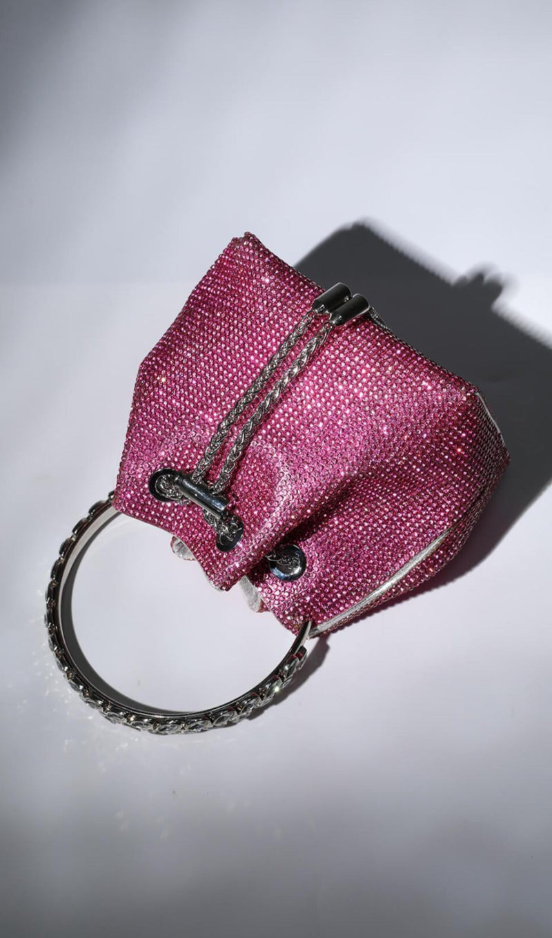 CRYSTAL EMBELLISHED BUCKET BAG IN HOT PINK-Fashionslee