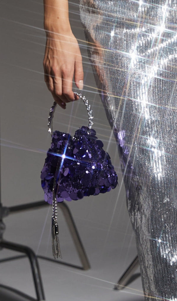 EMBELLISHED SEQUIN DISC BUCKET BAG IN PURPLE-Fashionslee