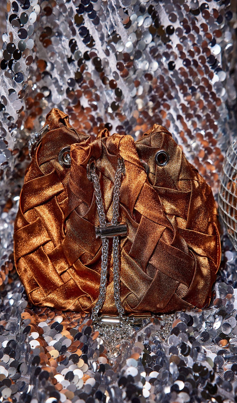 VELVET WEAVE CRYSTAL EMBELLISHED BUCKET BAG IN BROWN-Fashionslee