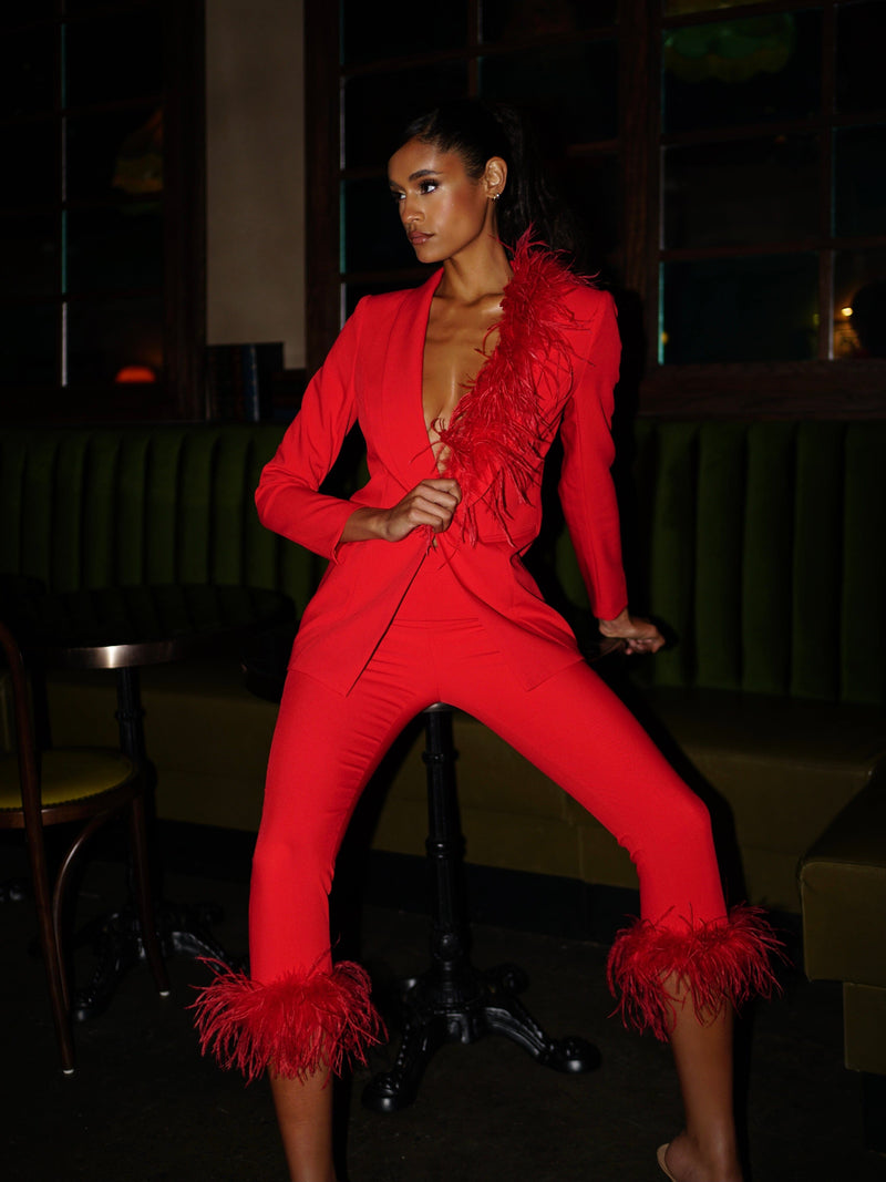 RED BLAZER SUIT WITH FEATHER TRIM-Fashionslee