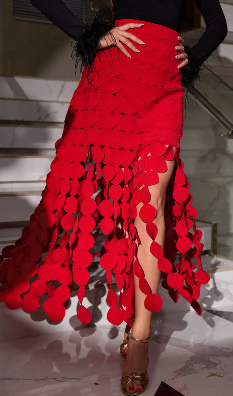 ASAKO RED CIRCLE CUTOUT FRINGE SKIRT-Fashionslee