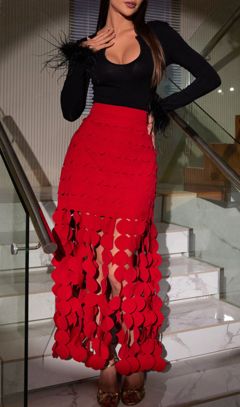 ASAKO RED CIRCLE CUTOUT FRINGE SKIRT-Fashionslee