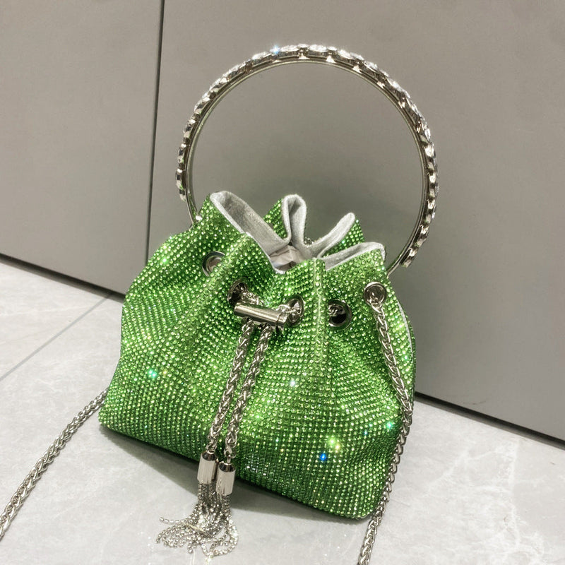 CRYSTAL EMBELLISHED BUCKET BAG IN GREEN-Fashionslee