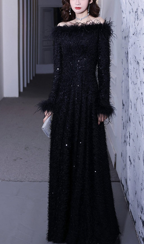 SEQUIN SEXY OFF SHOULDER FEATHER LONG SLEECES GOWN IN BLACK-Fashionslee