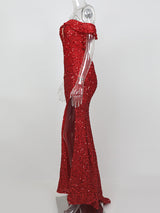 ARGYLE RED OFF-SHOULDER SEQUIN DRESS-Fashionslee