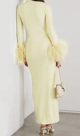 YELLOW LONG SLEEVE STAND COLLAR FEATHER MAXI DRESS-Fashionslee