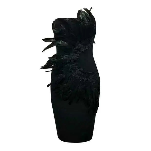 BLACK STRAPLESS FEATHER MIDI BANDAGE DRESS-Fashionslee