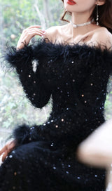 SEQUIN SEXY OFF SHOULDER FEATHER LONG SLEECES GOWN IN BLACK-Fashionslee
