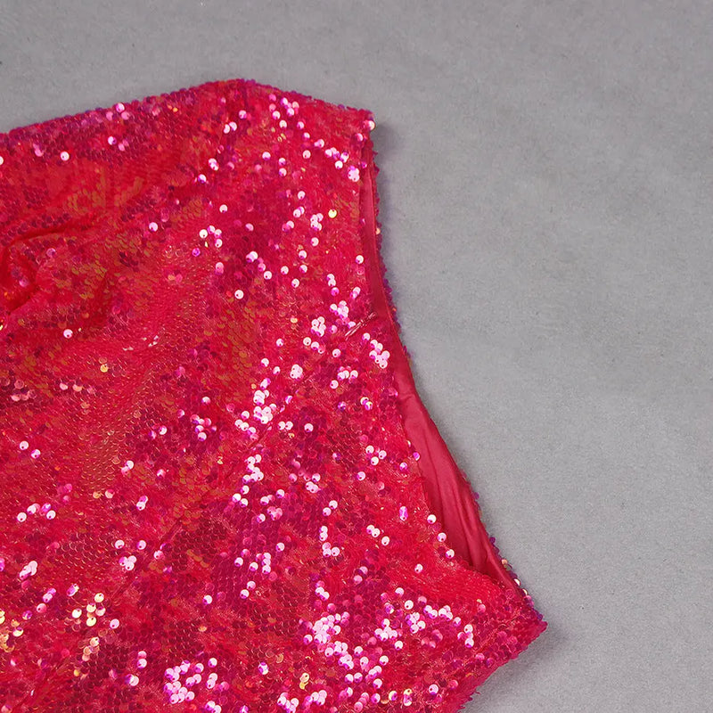 ROSE RED SEQUIN ONE SHOULDER MINI DRESS-Fashionslee