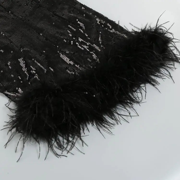 BLACK SEQUIN ONE SHOULDER FEATHER MINI DRESS-Fashionslee