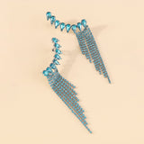 BLUE RHINESTONE TASSEL GEOMETRIC EARRINGS-Fashionslee