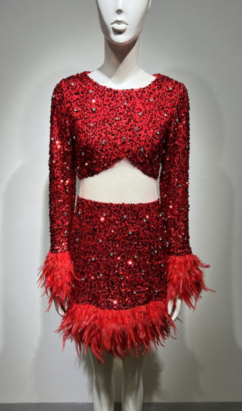 LONG SLEEVE PATCHWORK SEQUIN DRESS IN RED-Fashionslee