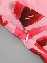 RED DIAGONAL COLLAR FLORAL PRINT MINI DRESS-Fashionslee