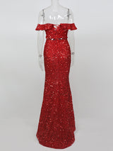 ARGYLE RED OFF-SHOULDER SEQUIN DRESS-Fashionslee