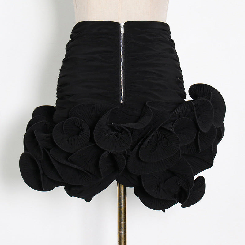 STRAPLESS FLOWER PLEATED SKIRT IN BLACK-Fashionslee
