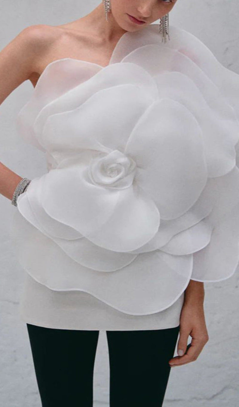 ONE SHOULDER FLOWER MINI DRESS IN WHITE-Fashionslee